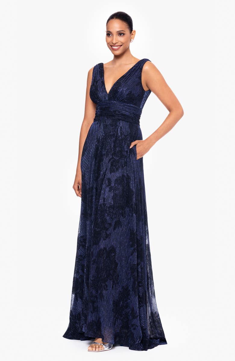 Betsy & Adam Flock Floral Metallic Crinkle Gown, Alternate, color, Navy/ Black