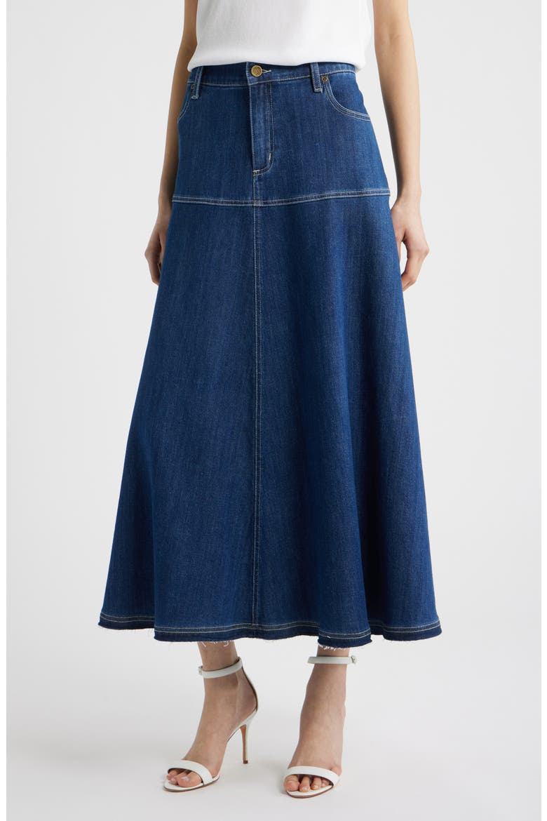 Ysabelle Raw Release Hem Denim Skirt, Main, color, MEDIUM INDIGO