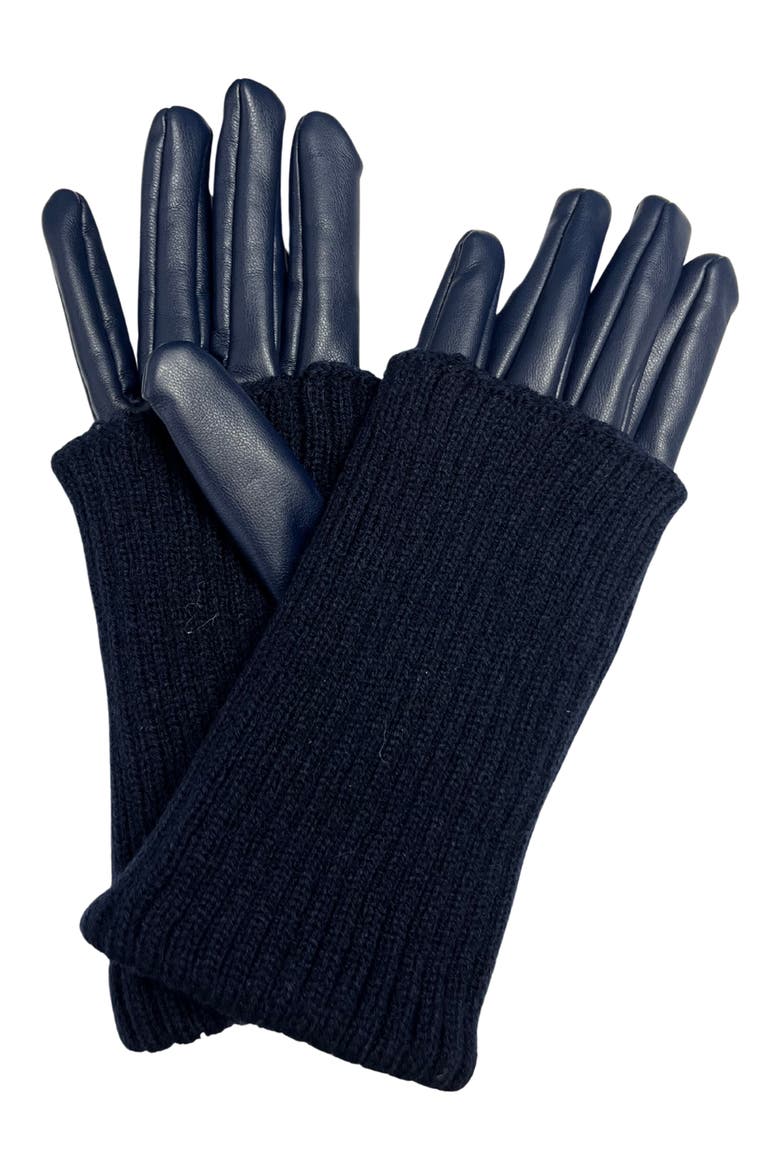 Faux Leather & Knit Gloves, Main, color, NAVY