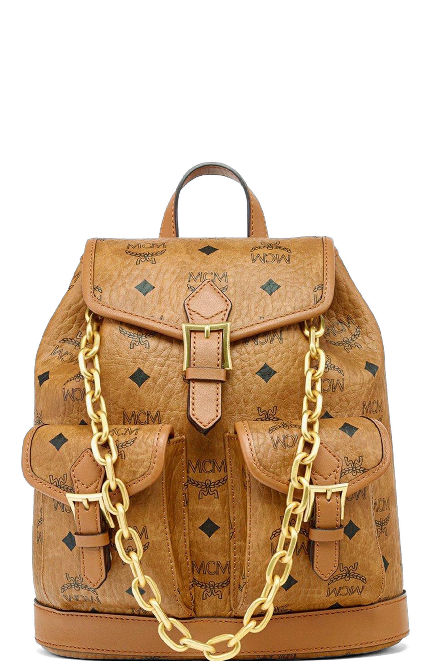 MCM Mini Aren Drawstring Backpack in Visetos, Main, color, Brown