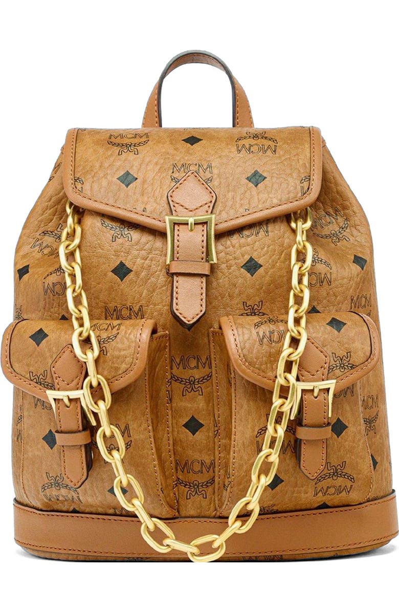 MCM Mini Aren Drawstring Backpack in Visetos, Main, color, Brown