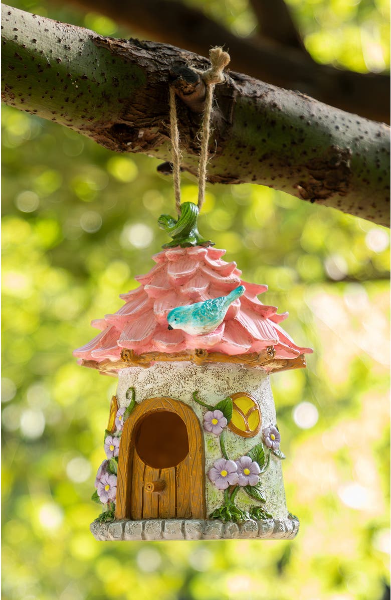 Glitzhome 9"H Resin Colorful Roof Outdoor Garden Birdhouse, Alternate, color, Pink