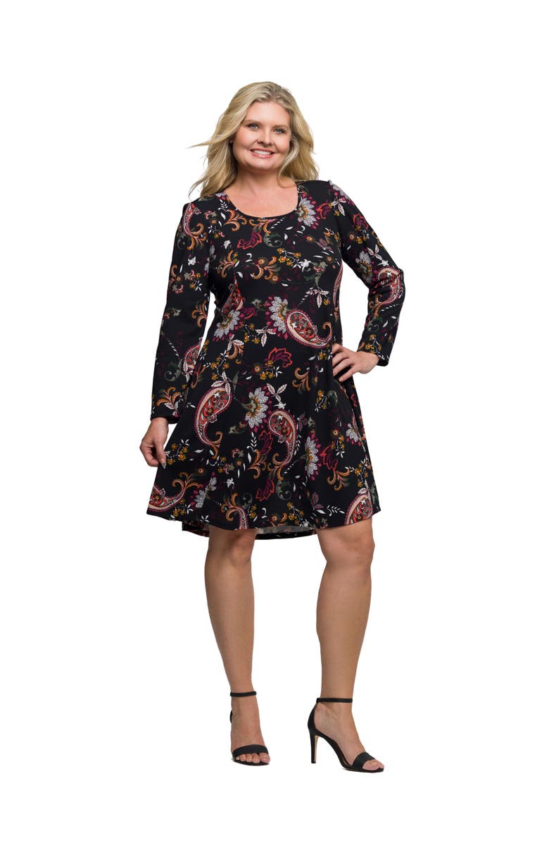 24seven Comfort Apparel Paisley Print Long Sleeve Fit and Flare Dress, Alternate, color, Black Multi