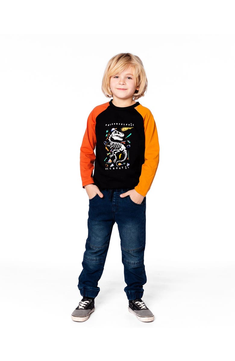 Deux par Deux Long Sleeve Raglan T-Shirt with Glow-In-The-Dark Dinosaur, Main, color, Black