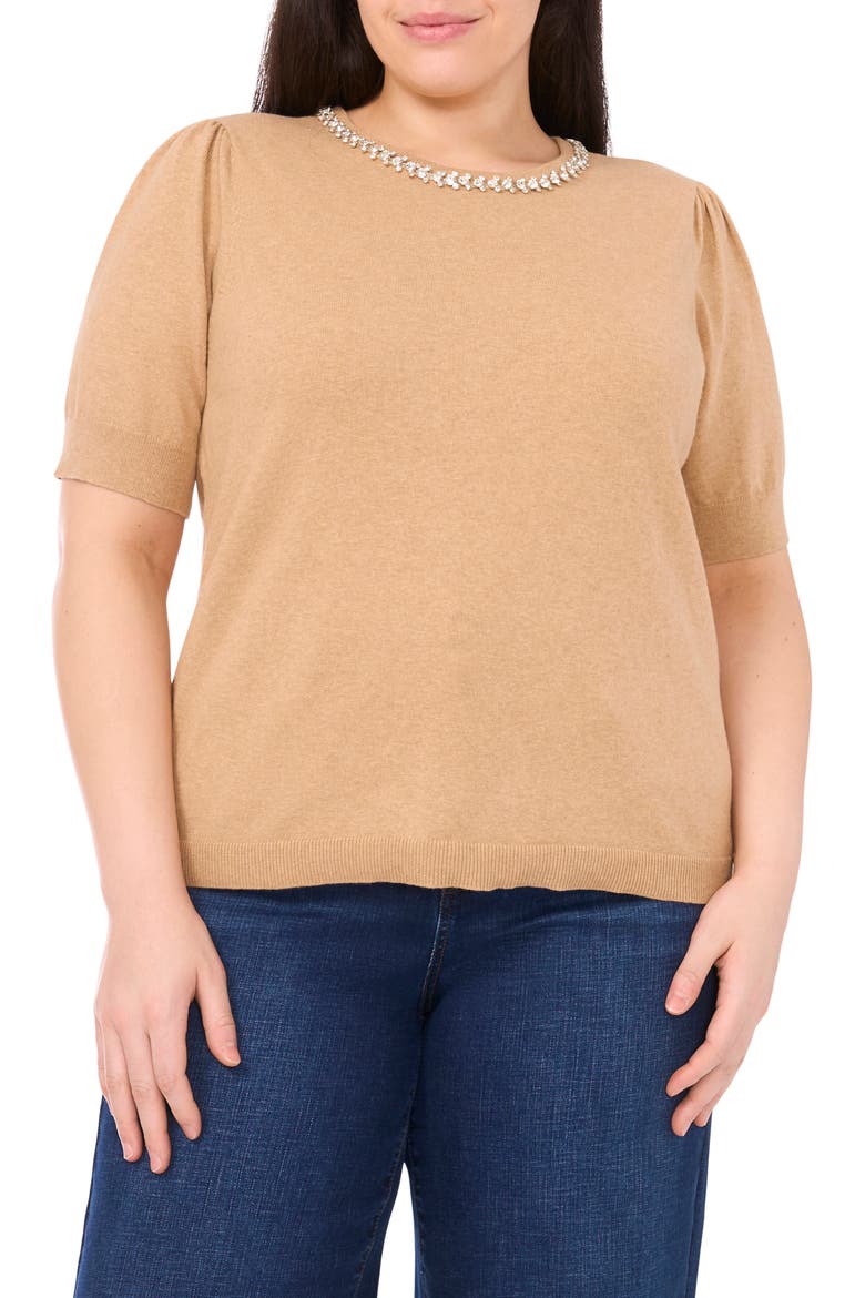 Rhinestone Embellished Short Sleeve Sweater, Main, color, LATTE HEATHER