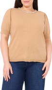 CeCe Rhinestone Embellished Short Sleeve Sweater