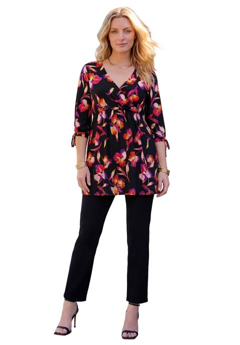 Plus Size Surplice Three Quarter Sleeve A Line Tunic