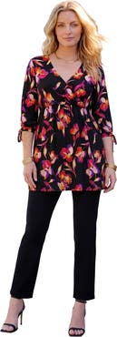Roaman's Plus Size Surplice Three Quarter Sleeve A Line Tunic