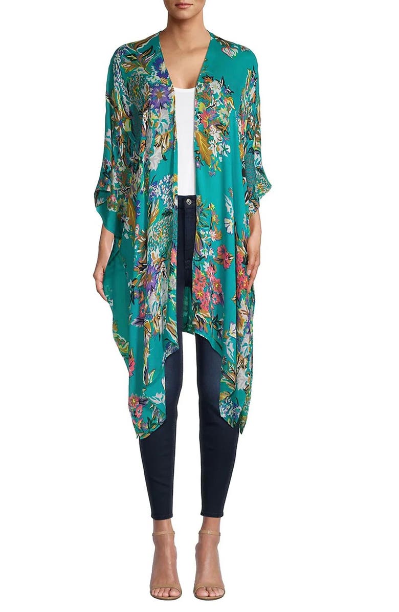 SAACHI Lasdon Floral Print Ruana, Main, color, Turquoise