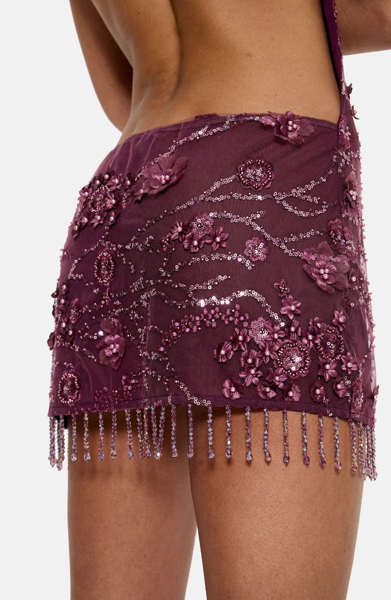 JADED LONDON Ellora Embellished Fringe Open Back Mesh Minidress, Alternate, color, Burgundy