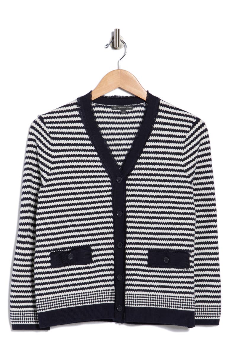 Adrianna Papell Frayed Trim Stripe Cardigan, Alternate, color, Navy/ Ivory