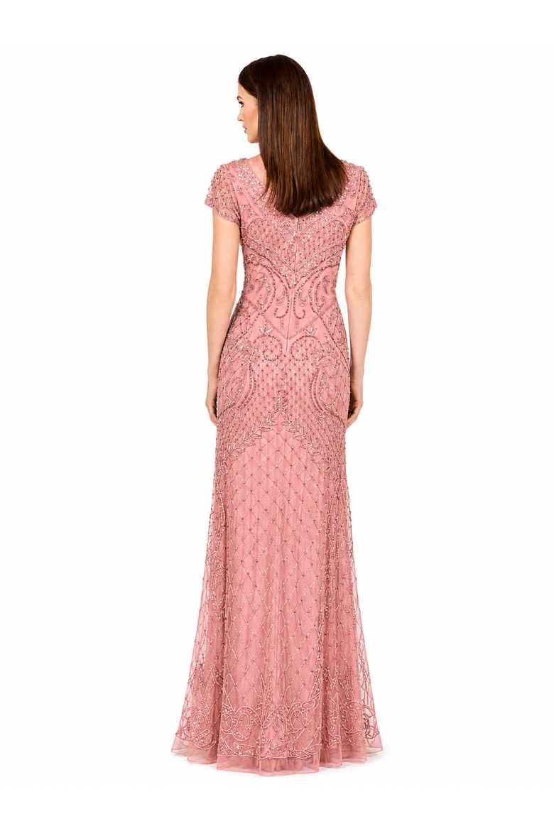 Beaded Cap Sleeve Gown With V-Neckline, Alternate, color, Rose