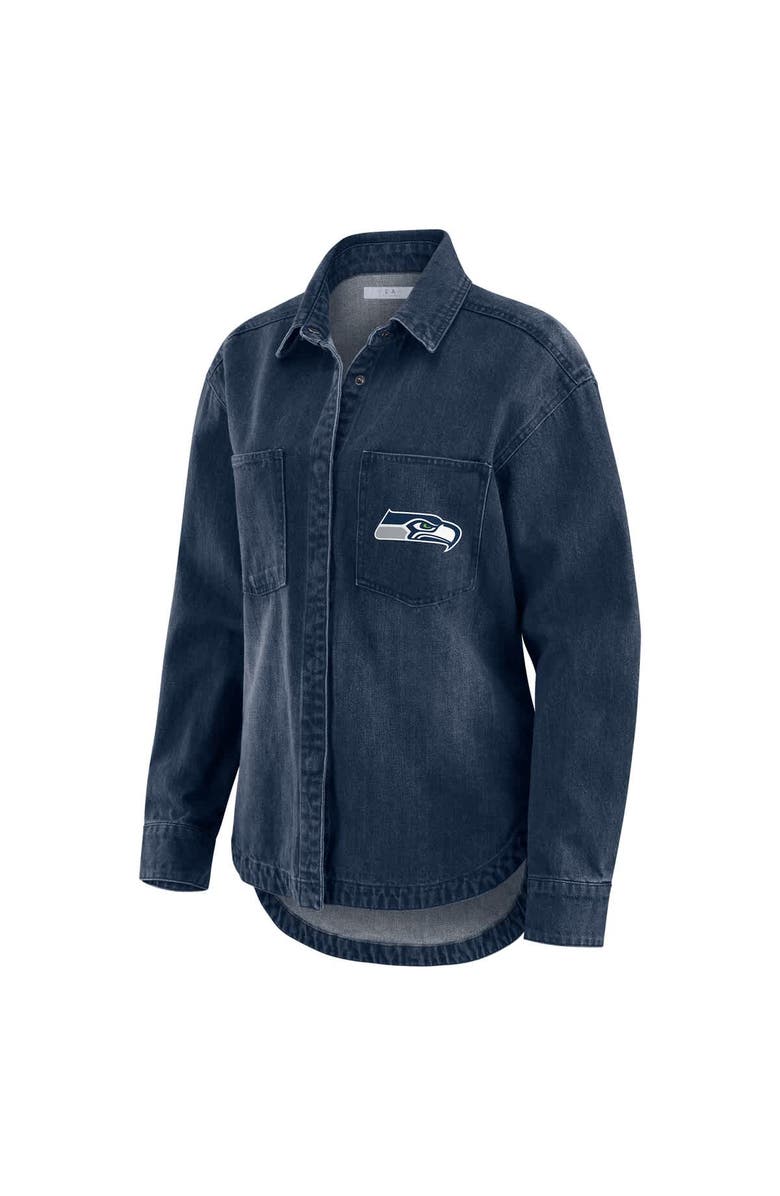WEAR by Erin Andrews Women's WEAR by Erin Andrews Denim Seattle Seahawks Washed Oversized Denim Full-Snap Shacket, Alternate, color, Denim