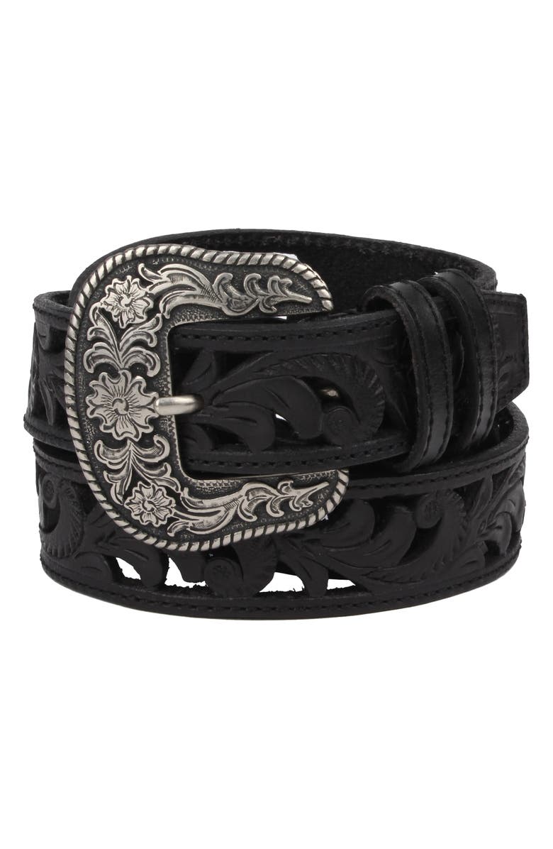 Frye Laser Cut Western Leather Belt, Main, color, Black