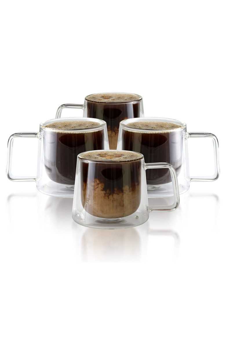 Double Walled Glass Coffee Drink Mug with Handle - 8.5oz - Set of 4, Main, color, Clear