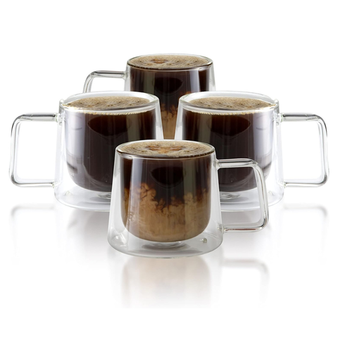 Double Walled Glass Coffee Drink Mug with Handle - 8.5oz - Set of 4
