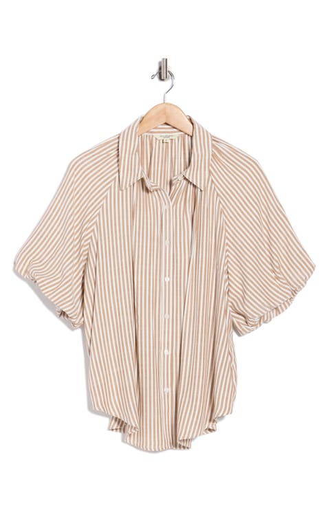 Stripe Bubble Sleeve Button-Up Shirt (Plus)