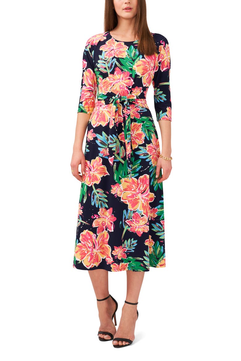 Floral Tie Front Three-Quarter Sleeve Midi Dress, Main, color, NAVY/LIME/TANGERINE
