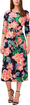 Chaus Floral Tie Front Three-Quarter Sleeve Midi Dress