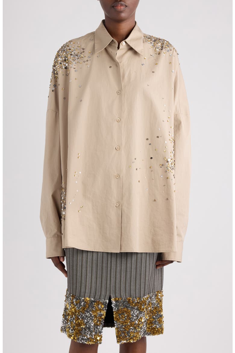 Firework Embroidered Cotton Poplin Button-Up Shirt, Main, color, SAND