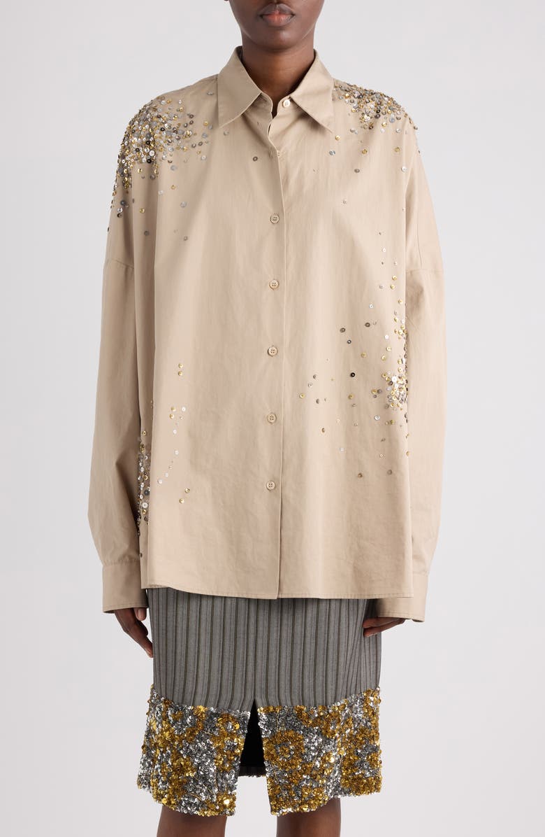 Dries Van Noten Firework Embroidered Cotton Poplin Button-Up Shirt, Main, color, Sand