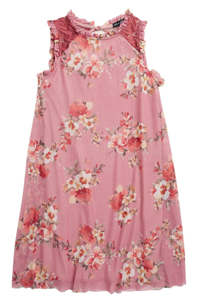 Ava & Yelly AVA AND YELLY Floral Print Mesh Lace Trapeze Dress, Main, color, Mauve