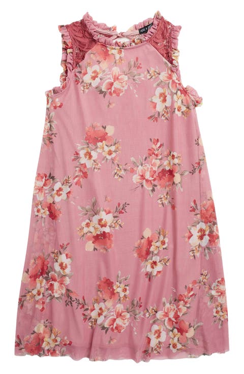 AVA AND YELLY Floral Print Mesh Lace Trapeze Dress (Big Girl)