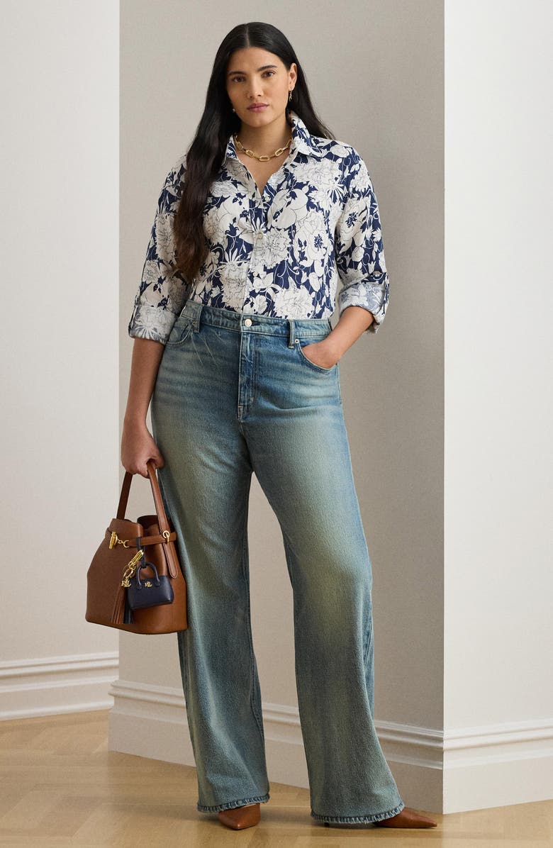 Lauren Ralph Lauren Karrie Floral Linen Button-Up Shirt, Alternate, color, White/ Navy