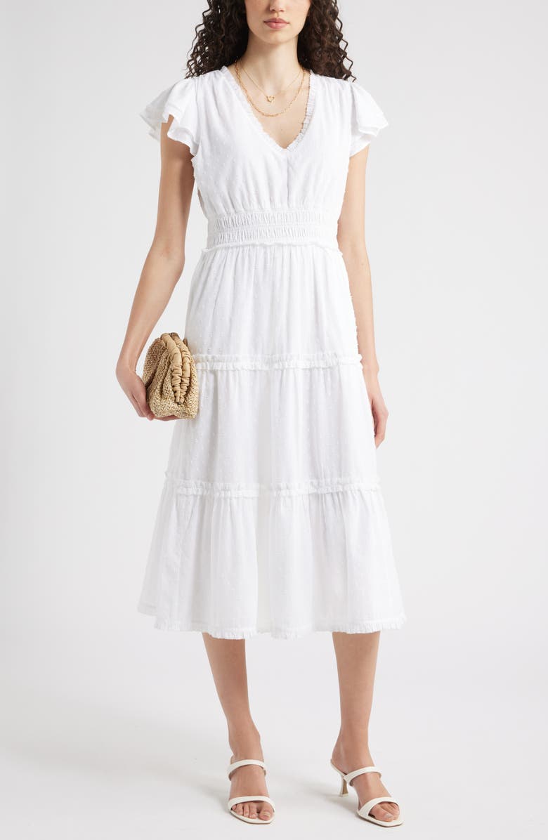 Chelsea28 Flutter Sleeve Tiered Cotton Midi Sundress, Alternate, color, White