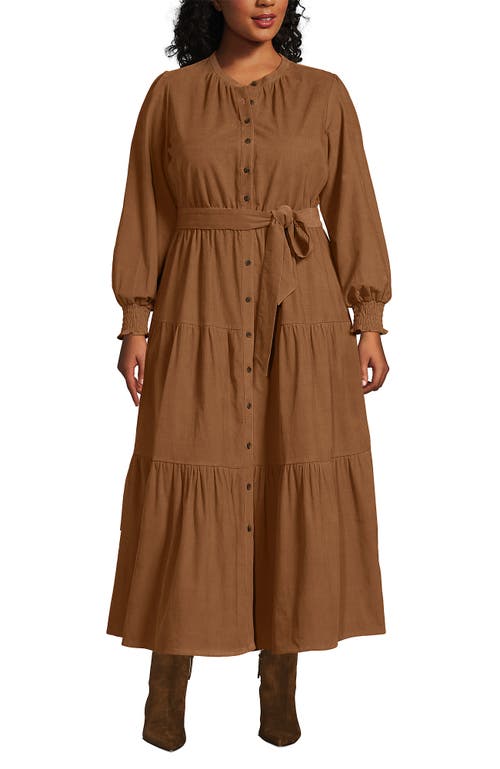 Lands' End Pinwale Cord Smocked Sleeve Maxi Dress In Brown