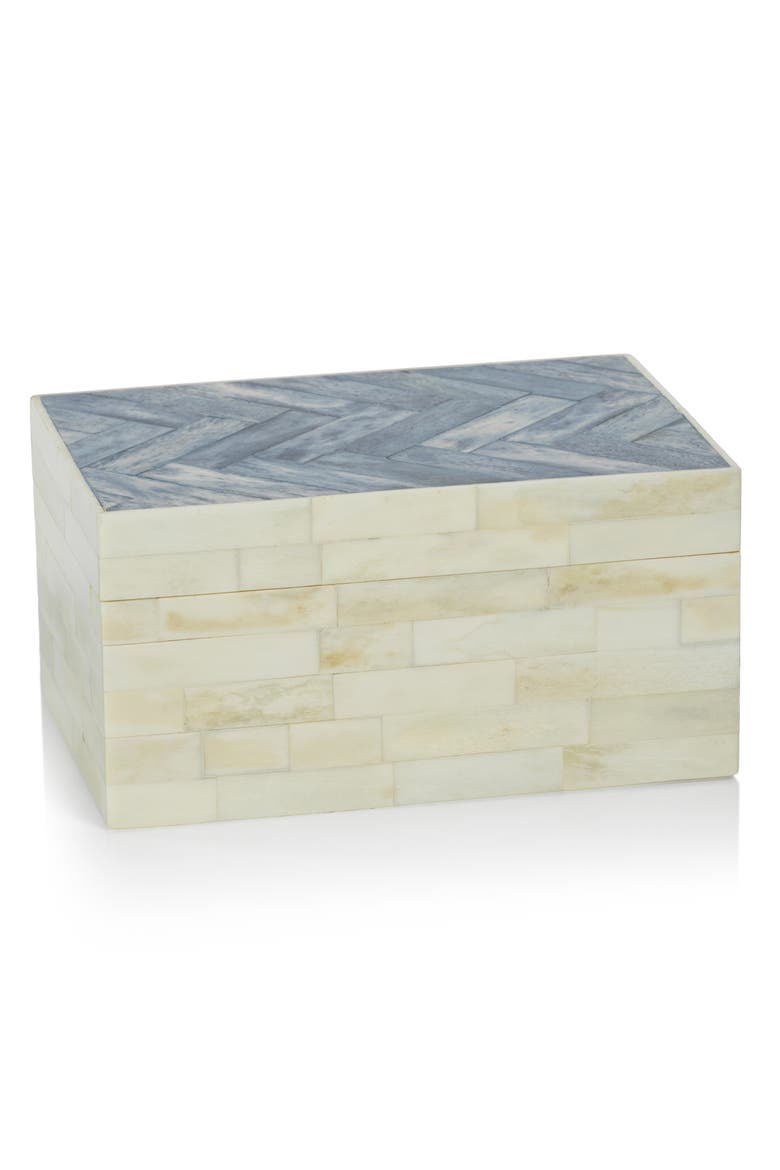 Mahar Herringbone Bone Decorative Box, Main, color, IVORY/ BLUE