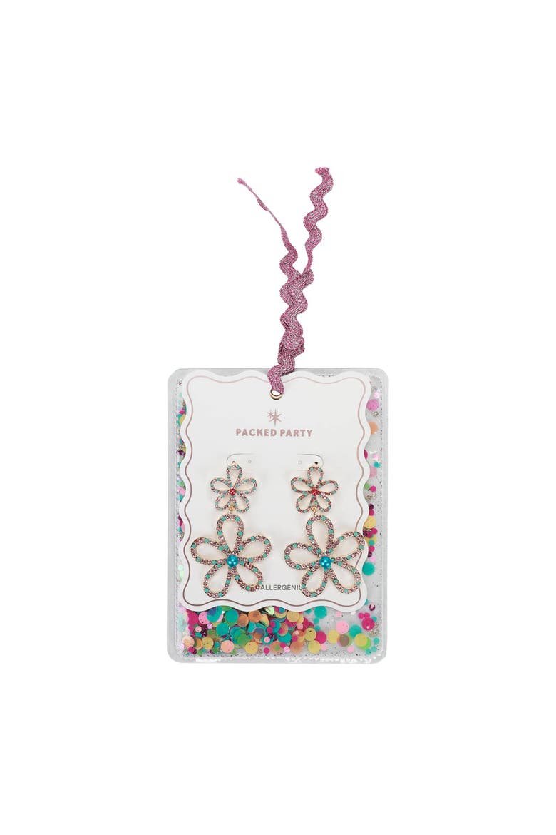 Flower Power Rhinestone Drop Earrings - Hypoallergenic Gold-Tone Layered Floral Statement Earrings with Multicolor Stones, 1.75 Inch, Alternate, color, Multicolor