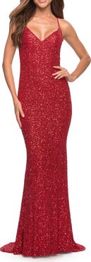 La Femme Luxurious Soft Sequin Dress with V Neckline