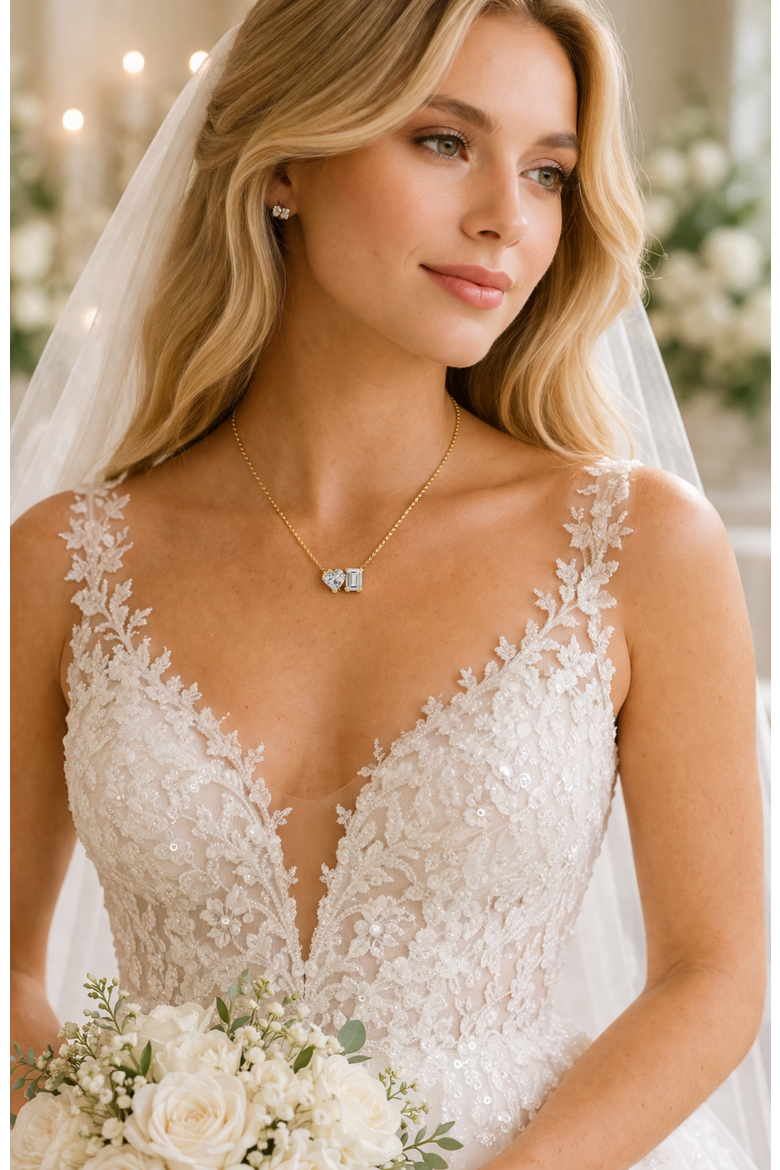 2 ct. t.w. Toi et Moi Moissanite Necklace (Heart & Emerald-Cut, Color D, FL Clarity) in Gold Vermeil, Alternate, color, Gold