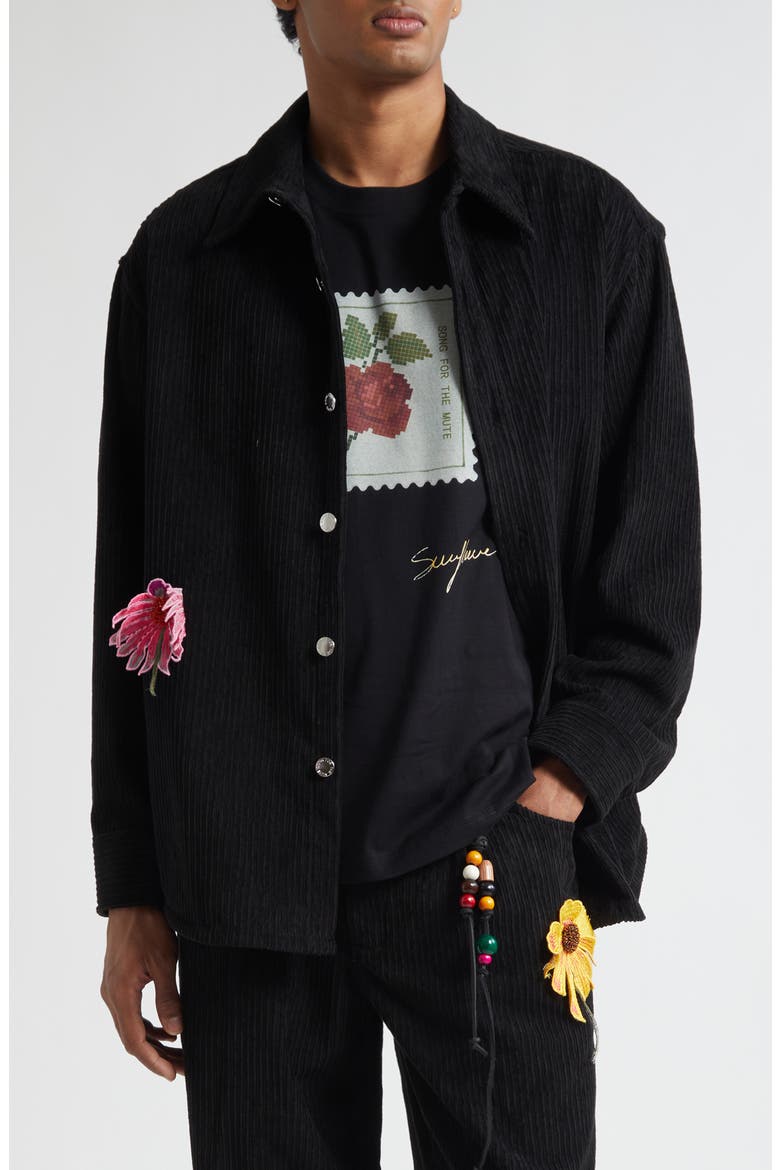 Floral Appliqué Corduroy Shirt Jacket, Main, color, BLACK