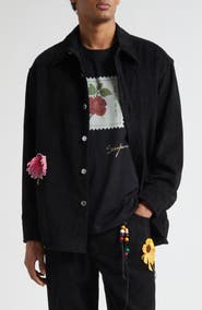 SONG FOR THE MUTE Floral Appliqué Corduroy Shirt Jacket