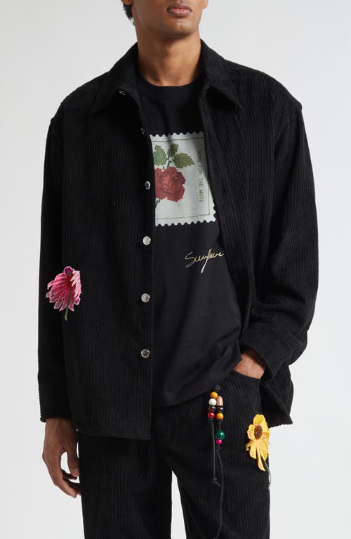 SONG FOR THE MUTE Floral Appliqué Corduroy Shirt Jacket in Black  product