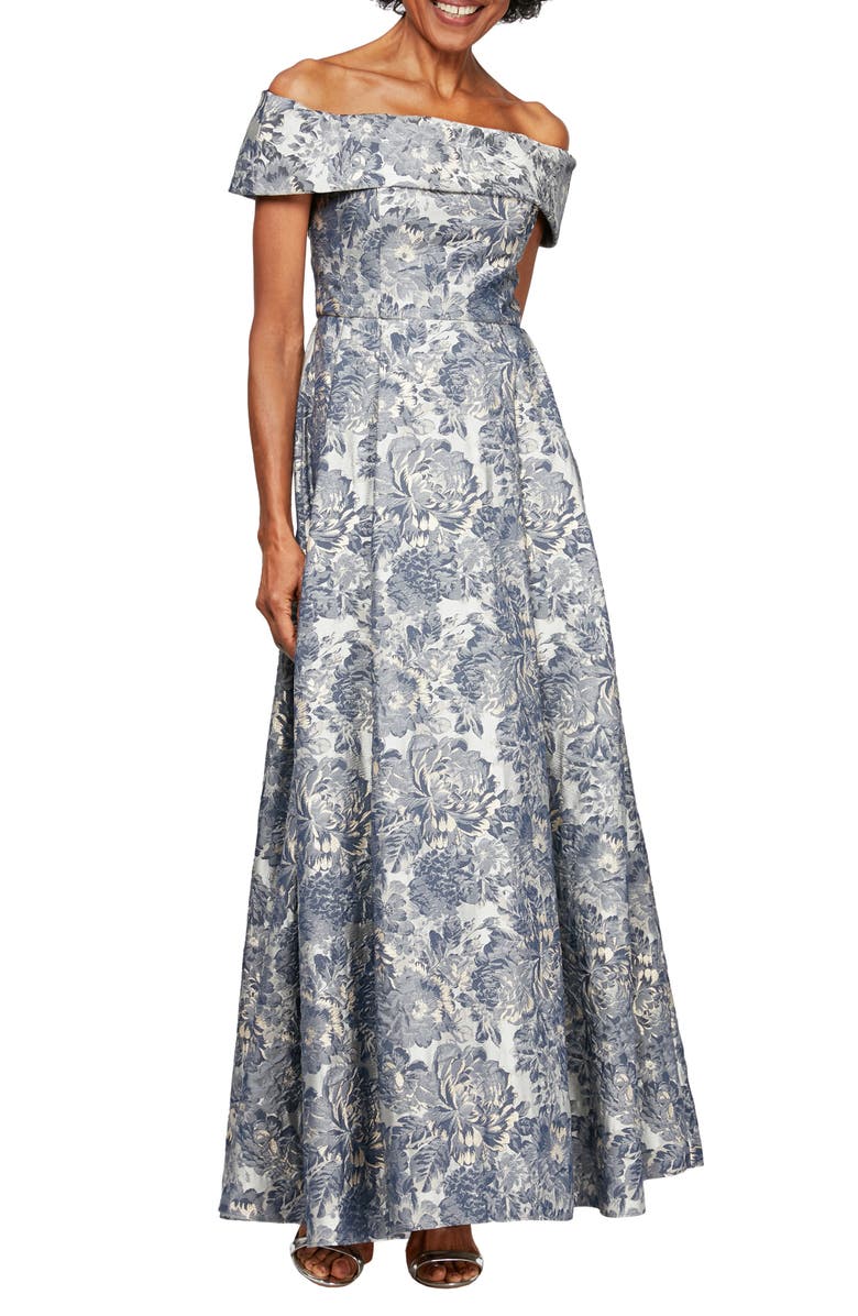 Alex Evenings Off the Shoulder Ballgown, Main, color, Silver Multi