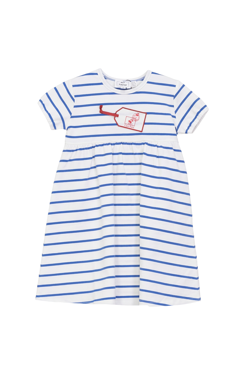 Jolie Capri Striped Tag Applique Stretch Cotton Gathered Waist Dress, Main, color, White/Blue/Red