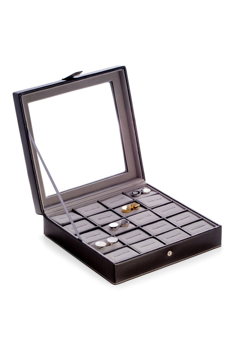 Black Leather 20 Cuff Link Box, Alternate, color, BLACK