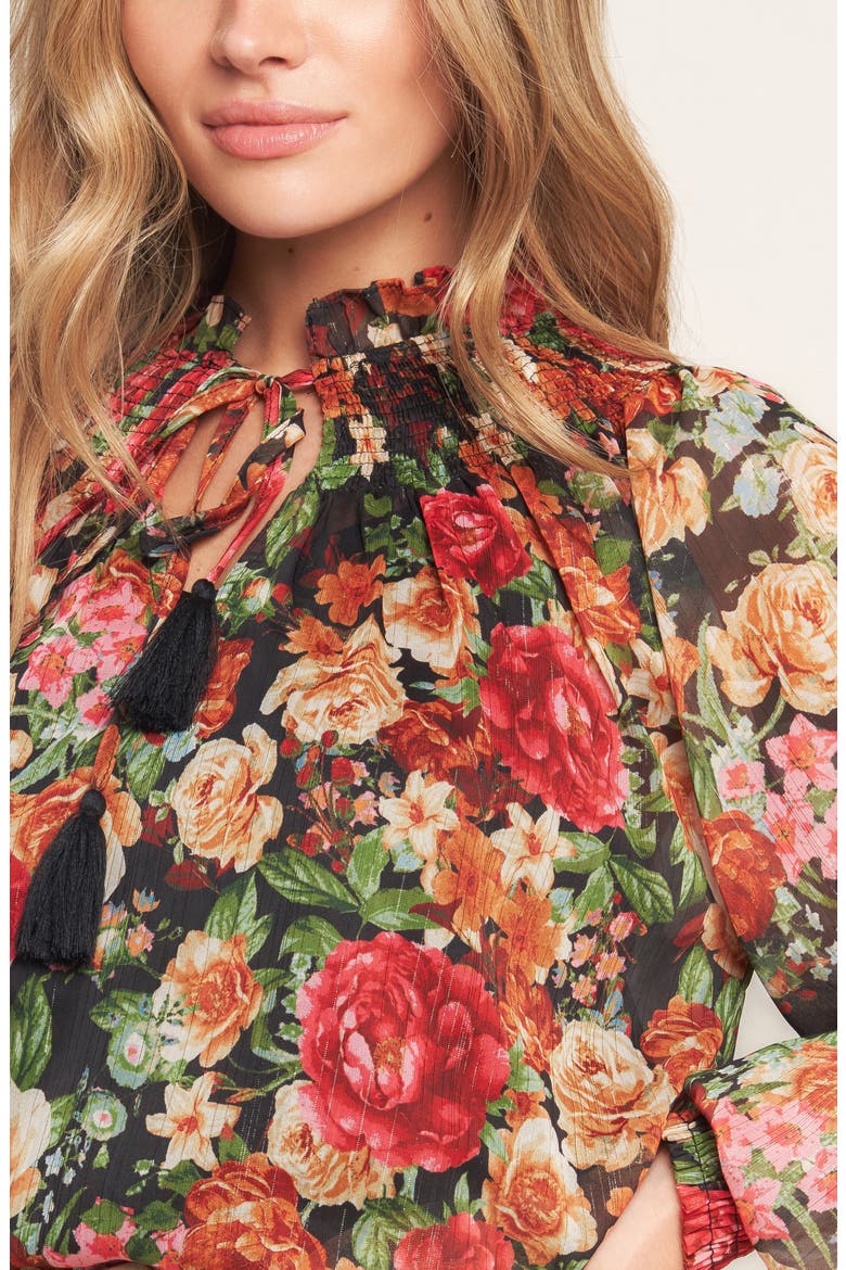 Floral Tie Neck Long Sleeve Top, Alternate, color, BLACK/RED