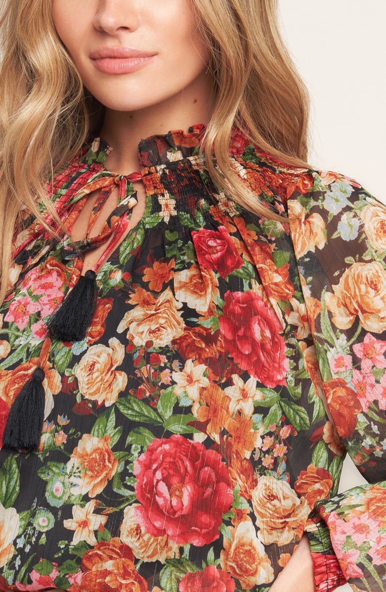 FLYING TOMATO Floral Tie Neck Long Sleeve Top, Alternate, color, Black/Red