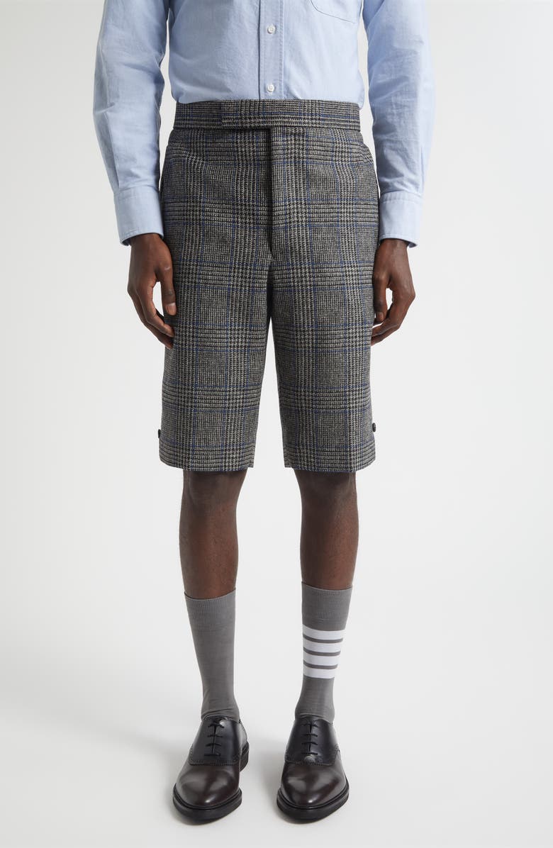 Thom Browne Prince of Wales Plaid Hunting Tweed Backstrap Shorts, Main, color, Medium Grey