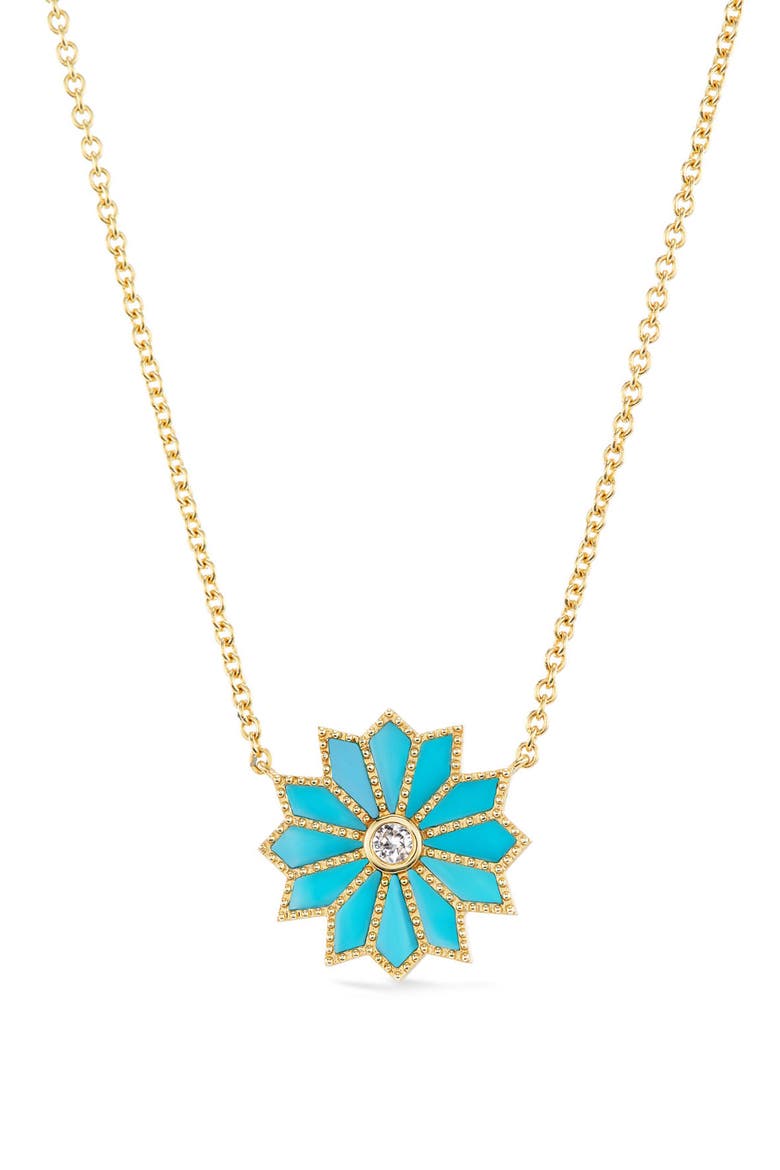 Mini Sacred Flower Turquoise & Diamond Pendant Necklace, Main, color, TURQUOISE