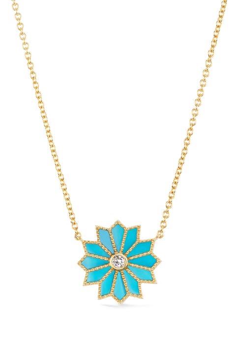 Mini Sacred Flower Turquoise & Diamond Pendant Necklace