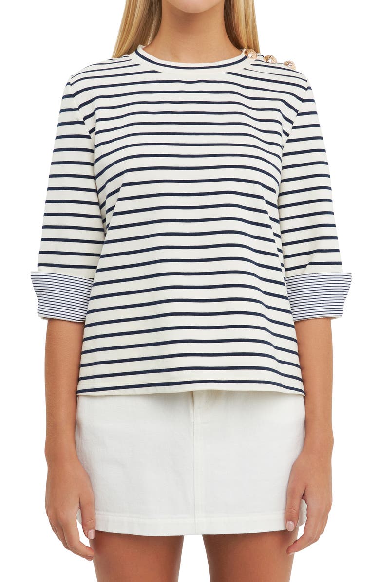 English Factory Breton Stripe Fold Cuff Top, Alternate, color, 