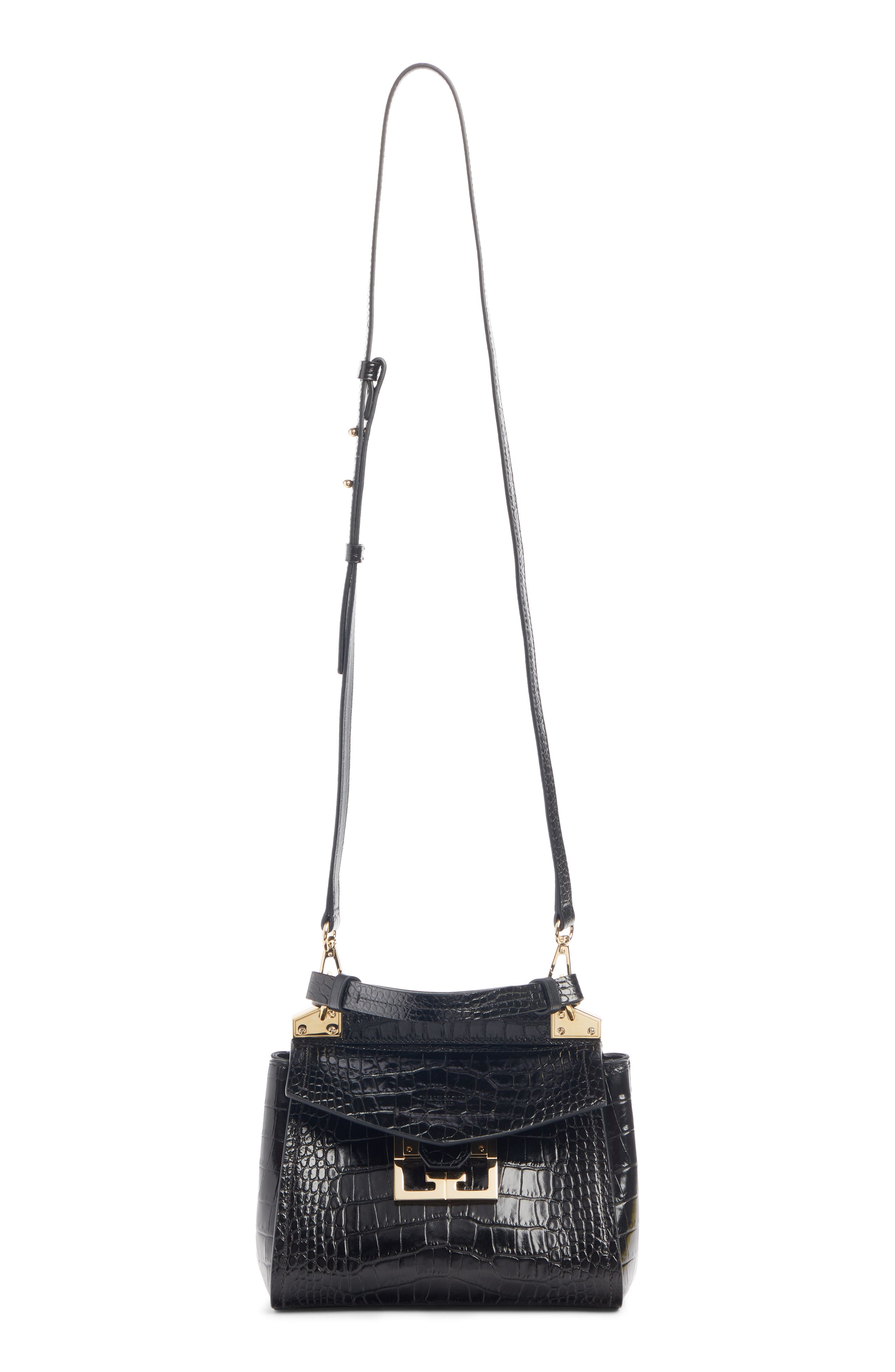 Mini Mystic Croc Embossed Leather Satchel, Alternate, color, BLACK