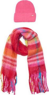 Steve Madden Plaid Scarf & Ribbed Beanie Gift Set