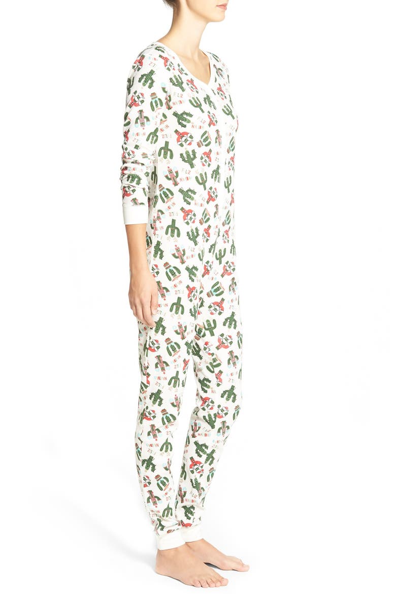 'Holiday Cactus' Thermal One-Piece Pajamas, Alternate, color, IVORY EGRET FELIZ NAVIDAD