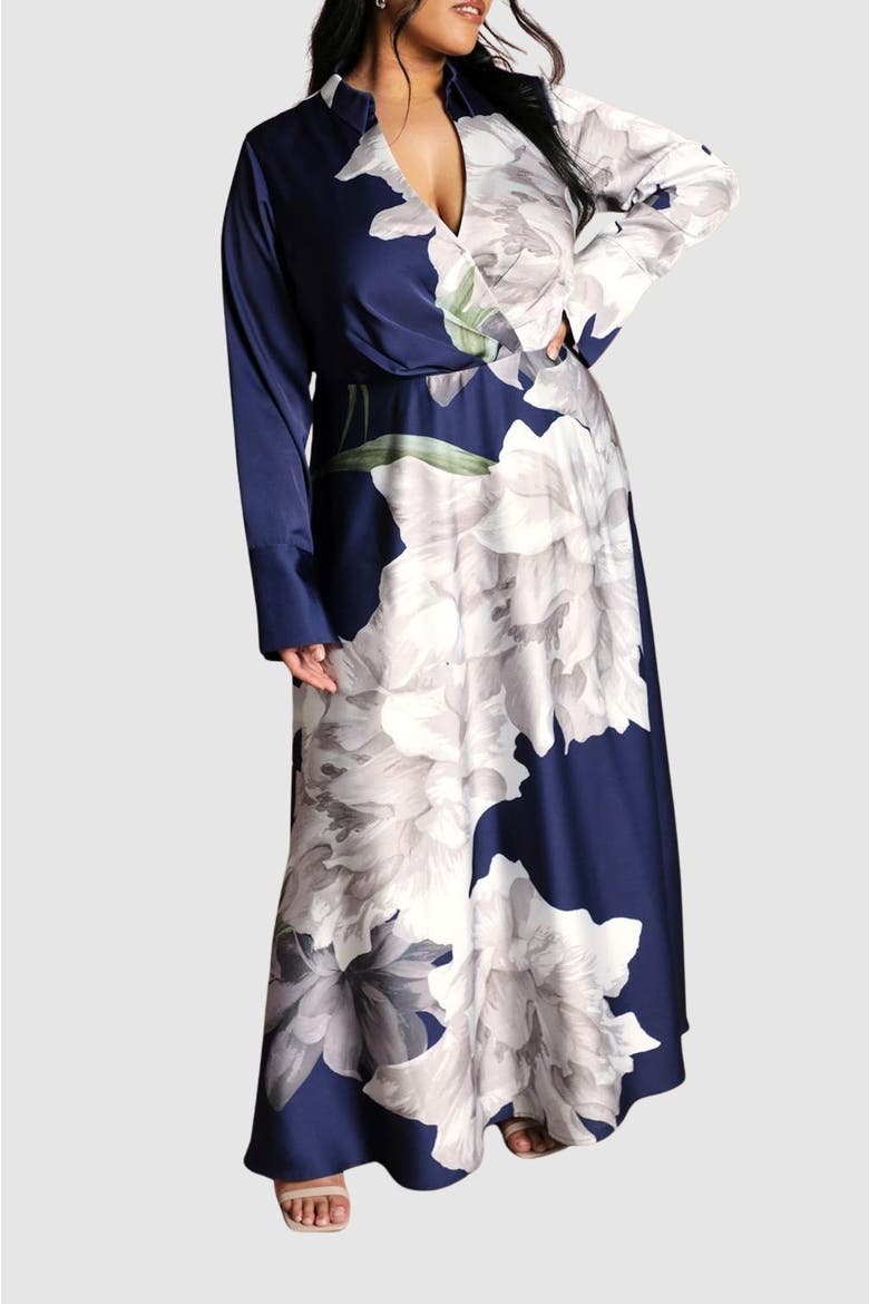 Plus Print Wrap Maxi Dress, Alternate, color, Navy